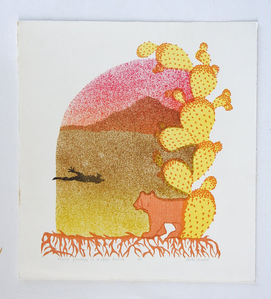 Surreal Bear, Cactus, PInk & Yellow Landscape Serigraph