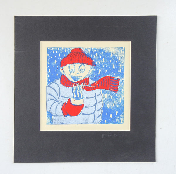 Winter Figure & Hot Chocolate Serigraph In Red & Blue