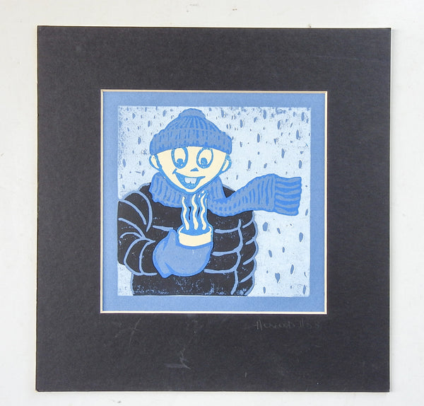 Winter Figure & Hot Chocolate Serigraph In Blue & Black