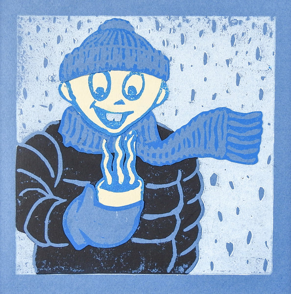 Winter Figure & Hot Chocolate Serigraph In Blue & Black