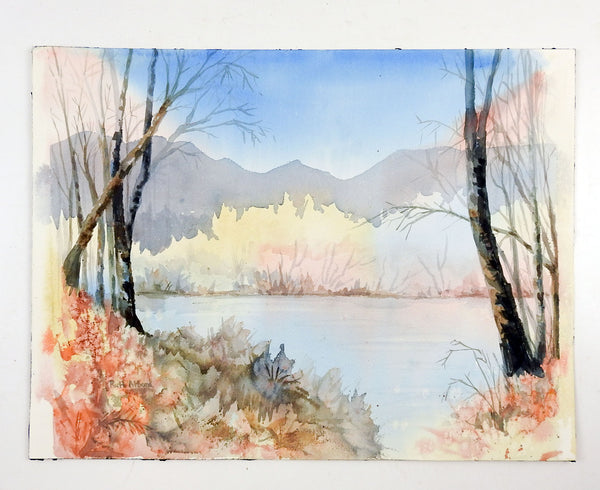 Lakeside Watercolor Painting in Pastel Colors