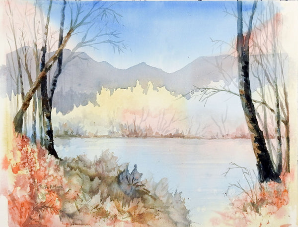 Lakeside Watercolor Painting in Pastel Colors