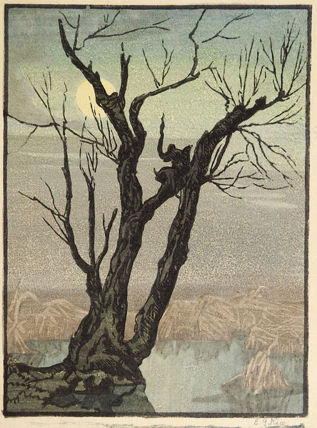 Mountains & Tree Evening Woodblock Print