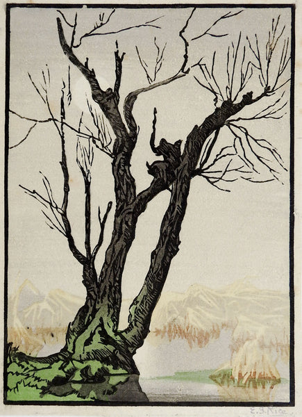 Mountains & Tree Foggy Day Woodblock Print
