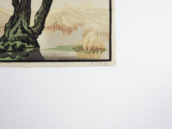 Mountains & Tree Foggy Day Woodblock Print