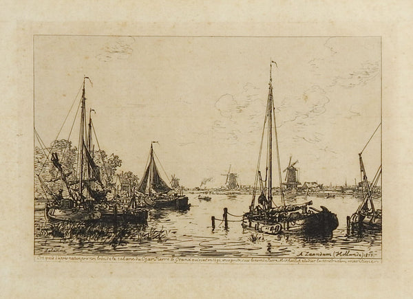 Dutch Harbor Scene Etching  1877