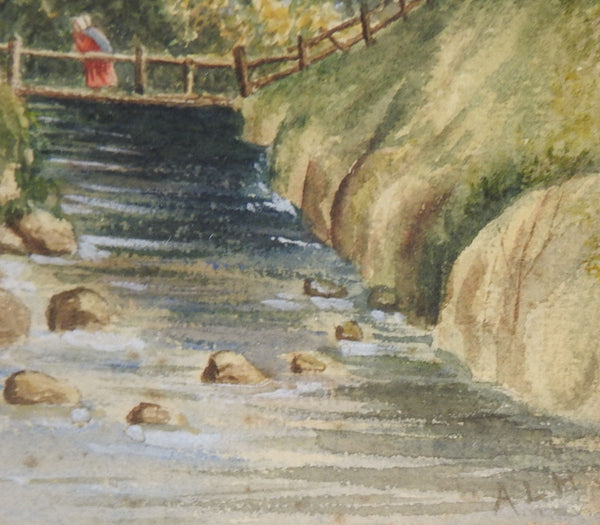 Rustic Wooden Bridge Antique Watercolor Painting