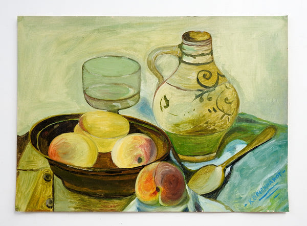 Mid Century Rustic Still Life Painting With Peaches