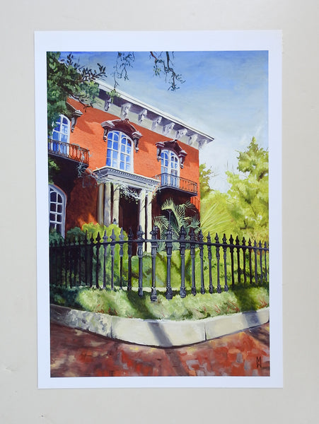 Vintage Print of Stately Home & Iron Fence