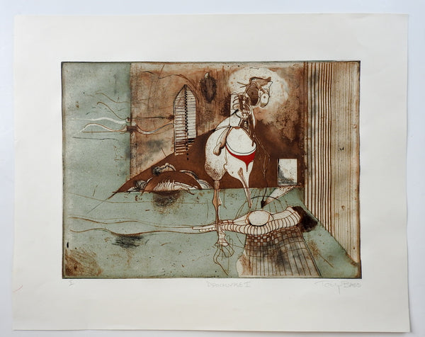 Mid Century Abstract Horse Color Etching by Tony Bass
