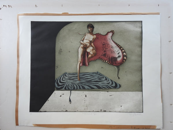 Mid Century Surreal Nude Color Etching by Tony Bass