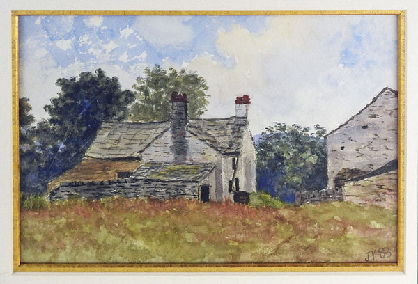 English Stone Farm House Watercolor Painting