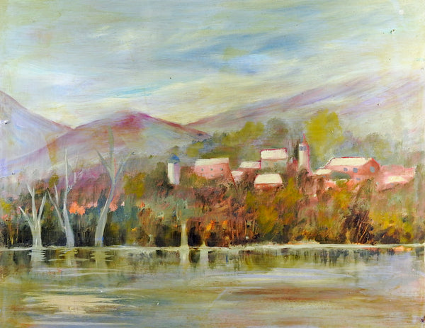 Riverside Village Landscape Painting
