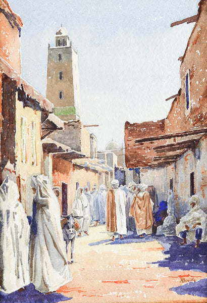 Market Scene Watercolor Painting Circa 1910