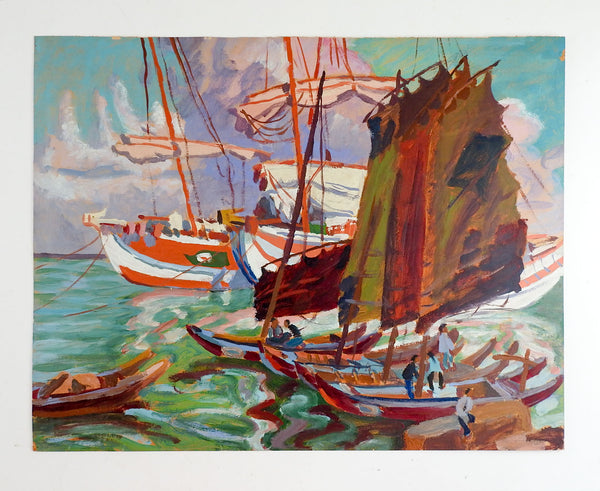 Vintage Expressionist Harbor Scene Painting