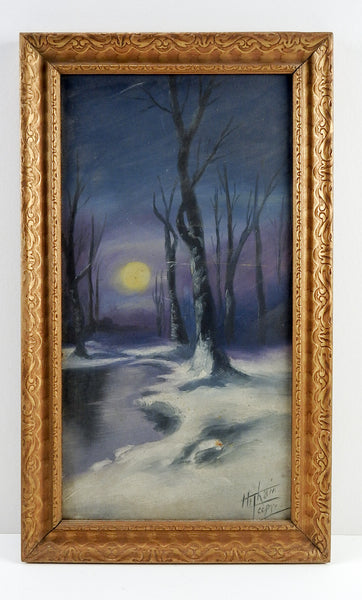 Vintage  Moonlight in Winter Oil Painting