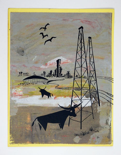 Vintage 1960s Texas Longhorns & Oil Wells Serigraph