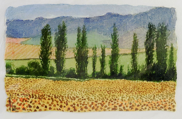 Poplars & Yellow Fields Watercolor Painting
