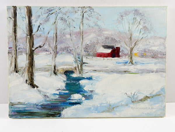 Winter Landscape Painting With Bridge