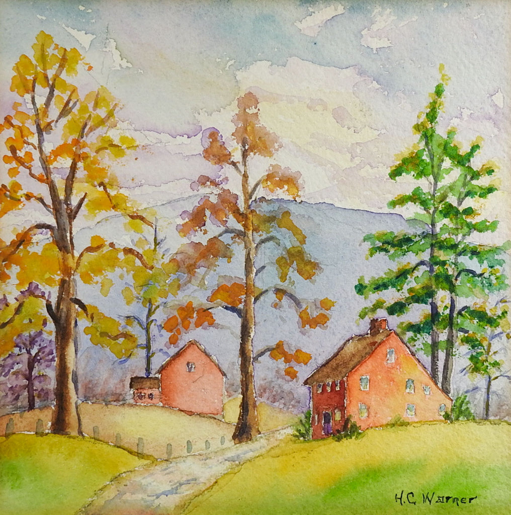 Small Red Farm House Landscape Watercolor Painting