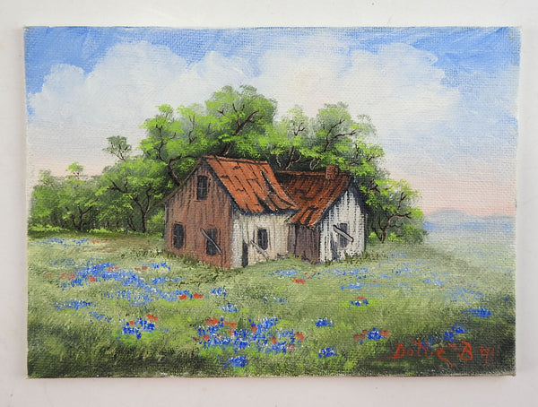 Small Rustic Farm House & Bluebonnets Painting