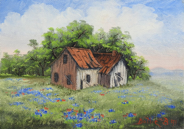 Small Rustic Farm House & Bluebonnets Painting