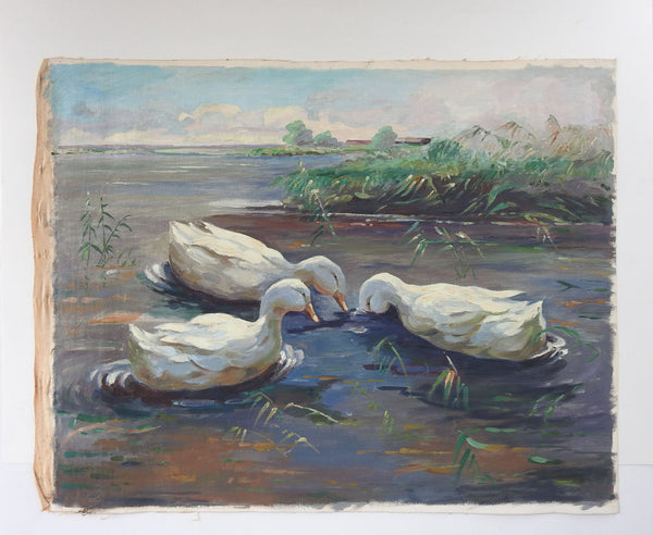 Mid Century Painting Ducks In Pond