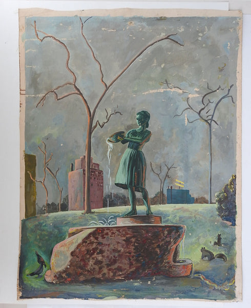 Mid Century Painting Fountain Girl Chicago Exposition