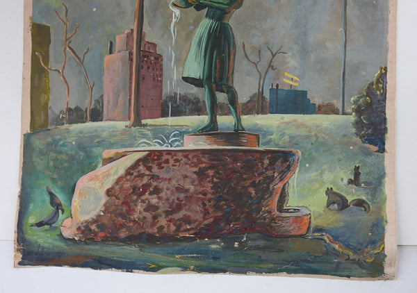 Mid Century Painting Fountain Girl Chicago Exposition