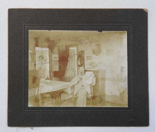 Antique Photograph Interio, Telephone, Deer Mount & Pipe Smoking Man