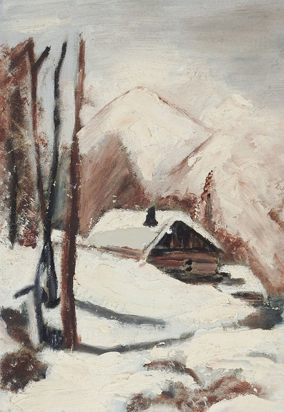Folk Art Painting Of Cabin In Winter