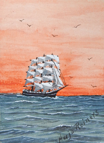 Tiny Sailing Ship At Sunset Watercolor Painting