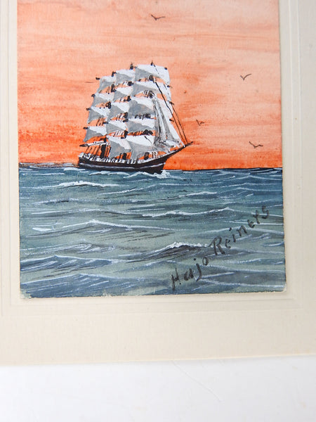 Tiny Sailing Ship At Sunset Watercolor Painting