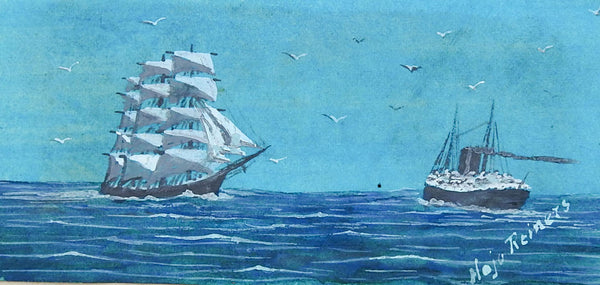 Tiny Sailing Ship & Steamship Watercolor Painting