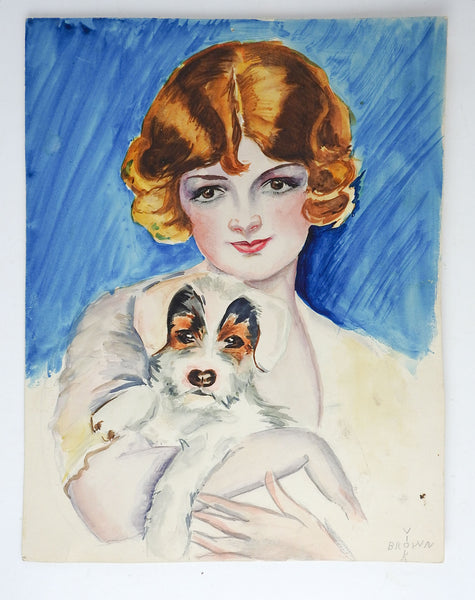 1920's Flapper Girl & Puppy Watercolor Painting
