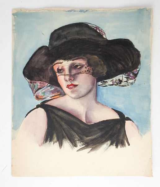 1920's Woman In Black Watercolor Portrait Painting