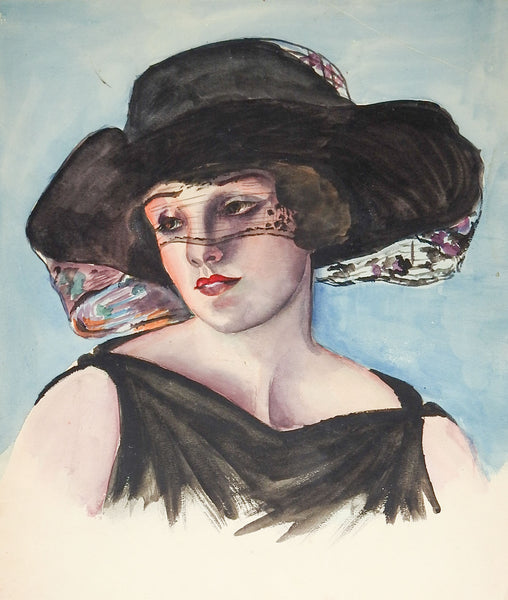 1920's Woman In Black Watercolor Portrait Painting