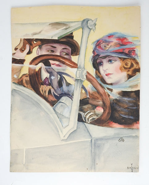 1920's Watercolor Painting Couple Driving Car