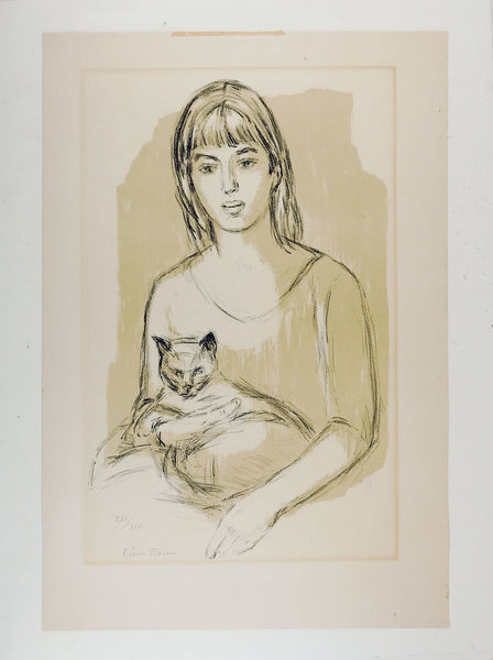 Einar Rosen Lithograph, Girl With Cat