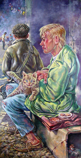 Man & Cat Street Scene By Simon Michael Oil Painting