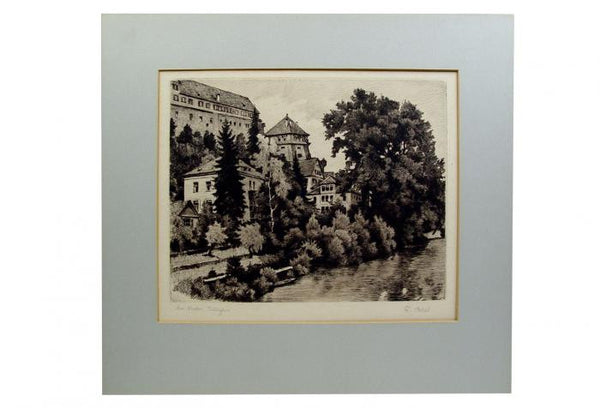 European Castle on a River Etching
