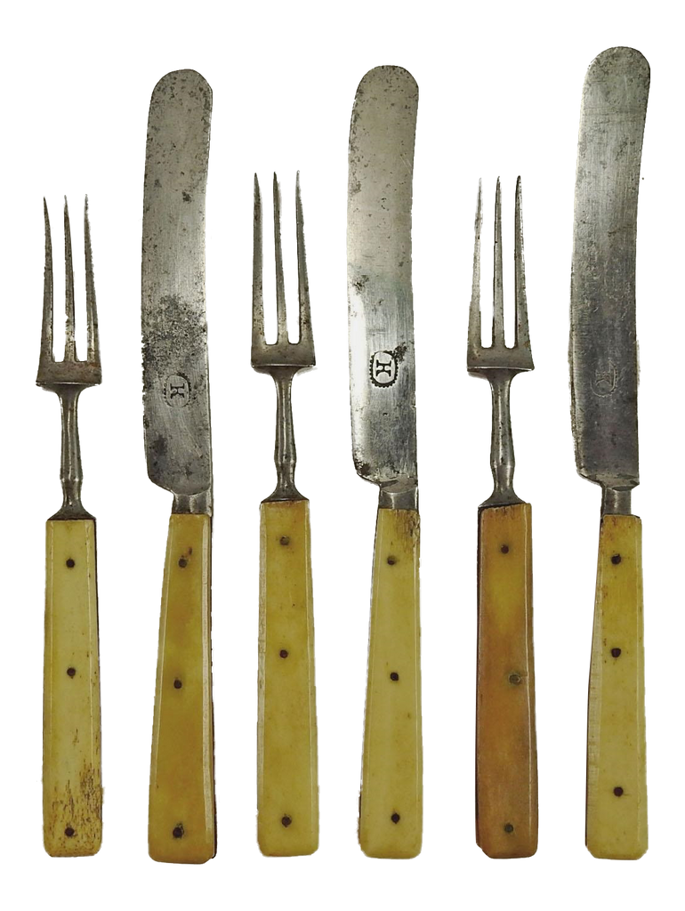Antique 1860 Lamson & Goodnow Forks & Knives With Bone Pewter Handle - Set  of 12