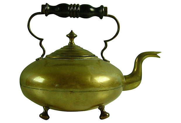 Vintage Brass Teapot With Ornate Embossed Design, Hinged Lid, & Footed Base  -  Canada